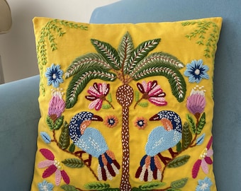 Floral Bird Punch Needle Pillow Cover: Embroidered Linen Cushion, 16" Square