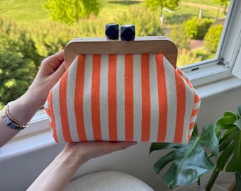 Handmade Striped Canvas Kiss Lock Clutch: Vintage Boho Purse