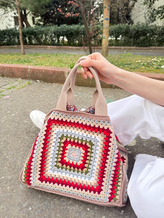 Handmade Crochet Granny Square Tote Bag: Boho Shoulder Bag With