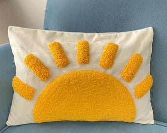 Punch Embroidered Sun Pillow Cover: Cream Linen Decorative Pillow