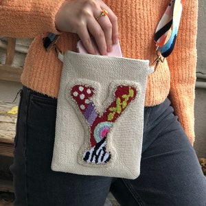 Punch Needle Crossbody Handbag, Personalized Phone Bag, Custom Letter Embroidered Tote Bag, Gift for Women, Custom Punch Bag