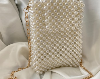 Handmade Pearl Beaded Handbag: Cream Evening Bag with Gold Chain