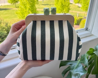 Green Striped Canvas Kiss-Lock Clutch: Handmade Boho Purse