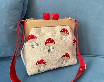 Handmade Wooden Frame Mushroom Clutch Bag, Embroidered Crossbody Purse, Cottagecore Woodland Handbag