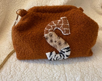 Brown Punch Letter Embroidered Fluffy Fabric Bag, Personalized Boho Scholarship Shoulder and Wrist Bag, Handmade Clutch Bag, Gift For Her