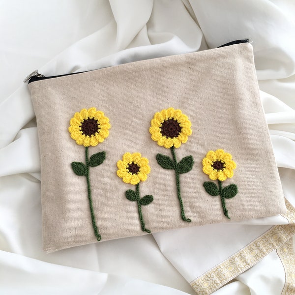 Handtasche mit Sonnenblumenmuster, Handtasche aus Canvas, Make-up und Accessoire Organizer, handgestricktes, detailliertes Portemonnaie, Geschenk für Ihre Liebsten