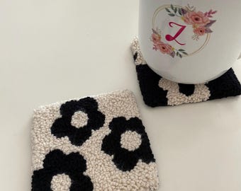 Handmade Floral Punch Needle Coasters: Tufted Mug Rugs, Set of Two