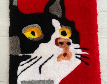 Hand-Tufted Cat Rug: Embroidered Wall Hanging, Whimsical Home Decor