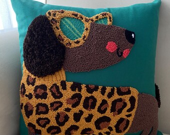 Embroidered Dog Throw Pillow: Leopard Print Sunglasses, Green Cushion