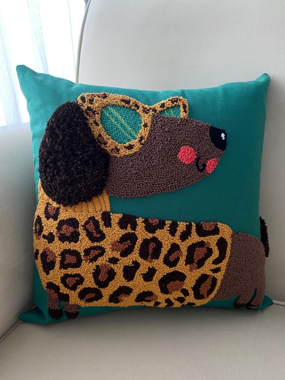 Embroidered Dog Throw Pillow: Leopard Print Sunglasses, Green