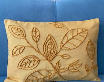 Handmade Punch Needle Pillow Cover: Mustard Linen Leaf Design