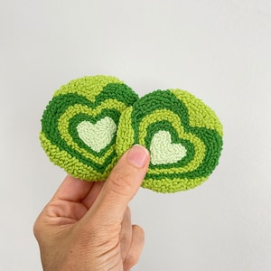 Green Heart Car Coaster Set: Handmade Punch Needle Auto Accessories