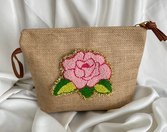 Handmade Burlap Clutch: Pink Flower Embroidery, Tufted Purse