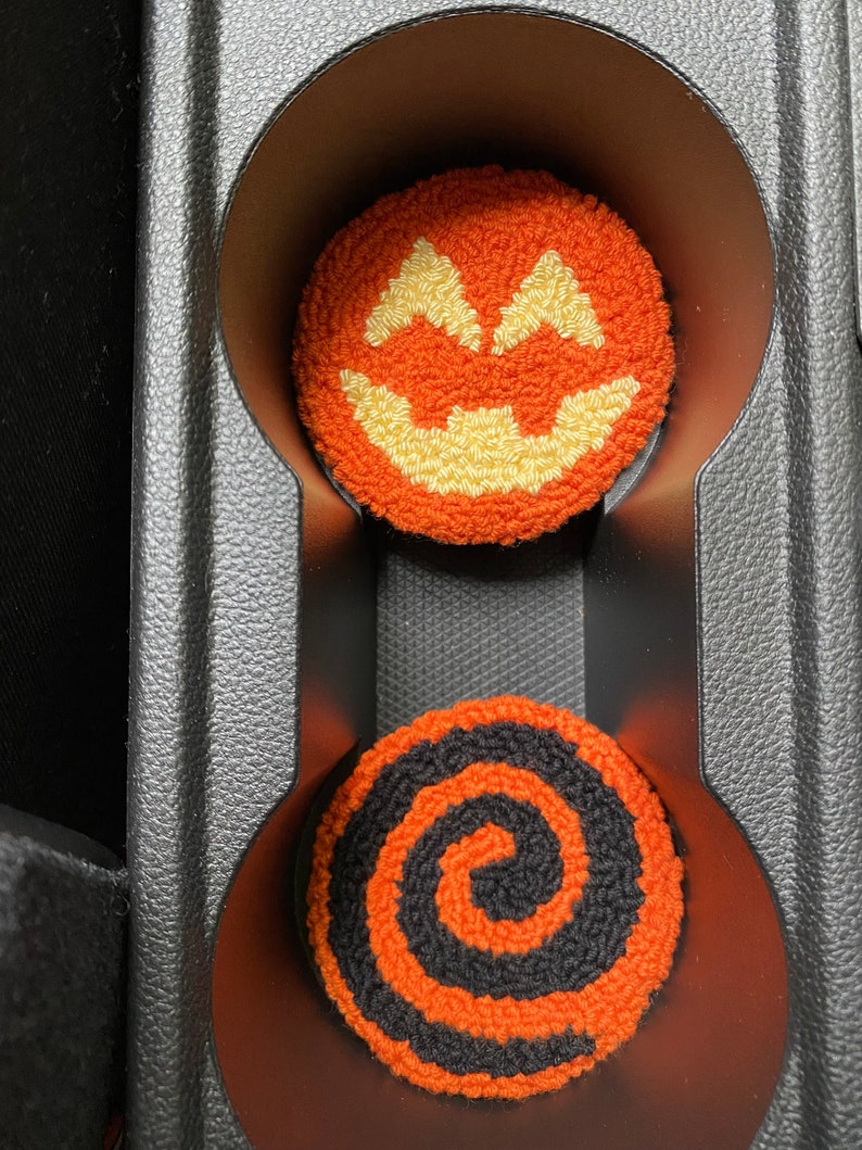 Pumpkin Car Coasters For Halloween , 1 Pc Punch Needle Handmade Halloween Coaster, Halloween Decoration, Halloween Gift image 2
