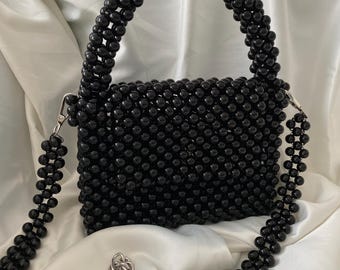 Handmade Pearl Bead Evening Bag: Black Beaded Handbag