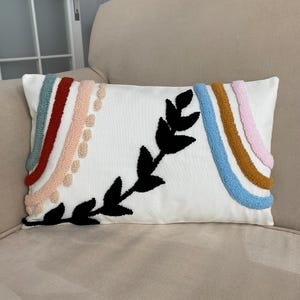 Abstract Punch Embroidered Pillow Cover: Handmade Tufted Linen Throw