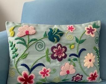 Floral Punch Embroidered Pillow Cover: Mint Linen Rectangle Cushion