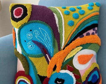 Embroidered Throw Pillow Cover: Colorful Abstract Punch Needle Cushion