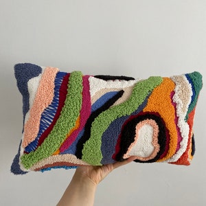 Punch Needle Pillow Case, Modern Aesthetic Home Decor, Colorful Embroidered Cushion Cover, Tufted Soft Pillow Case for Abstract Art Lovers