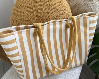 Striped Canvas Tote Bag: Mustard & Cream Eco Shopper with Keychain