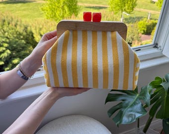 Yellow Striped Canvas Kiss-Lock Clutch: Handmade Boho Purse