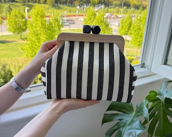 Vintage Kiss-Lock Clutch: Striped Canvas Purse, Handmade Boho Bag