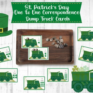 May include: St. Patrick's Day themed dump truck cards for a one-to-one correspondence activity. Each card features a green dump truck with shamrocks and a number from one to ten. The cards are designed for use with counting manipulatives.