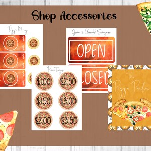 May include: A set of printable pizza shop accessories, including price tags, money, open and closed signs, and a logo for "The Pizza Parlor".