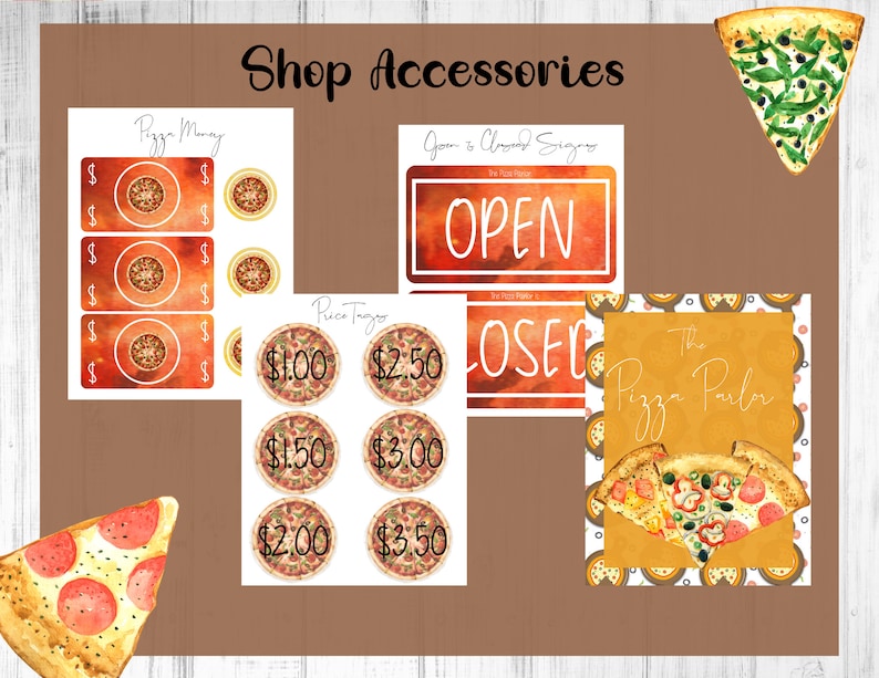 May include: A set of printable pizza shop accessories, including price tags, money, open and closed signs, and a logo for "The Pizza Parlor".