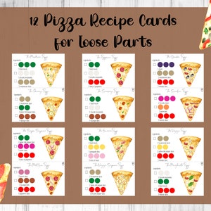 May include: Twelve printable pizza recipe cards with colorful illustrations of different pizza toppings. Each card features a slice of pizza with a list of ingredients and a title like "The Mushroom Pizza" or "The Veggie Pizza".