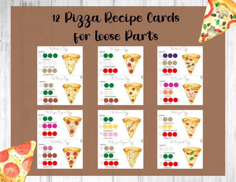 May include: Twelve printable pizza recipe cards with colorful illustrations of different pizza toppings. Each card features a slice of pizza with a list of ingredients and a title like "The Mushroom Pizza" or "The Veggie Pizza".