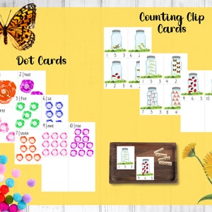 May include: A set of printable dot cards and counting clip cards featuring a butterfly, flowers, and jars with different numbers of insects. The cards are designed for children to learn counting and number recognition.