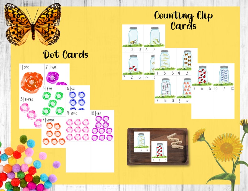 May include: A set of printable dot cards and counting clip cards featuring a butterfly, flowers, and jars with different numbers of insects. The cards are designed for children to learn counting and number recognition.