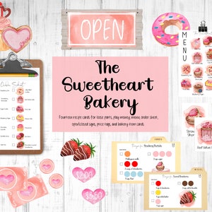 Puede incluir: Un conjunto imprimible de artículos de juego de panadería con temática del Día de San Valentín. El conjunto incluye un menú, una hoja de pedido, tarjetas de recetas, etiquetas de precio y dinero de juego. Los artículos están ilustrados en un estilo acuarela con colores rosa, rojo y blanco.