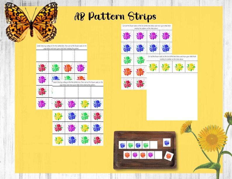 May include: A printable worksheet with colorful flower patterns for kids to cut out and use to create their own patterns. The worksheet includes instructions for cutting out the flower shapes and arranging them in a pattern.