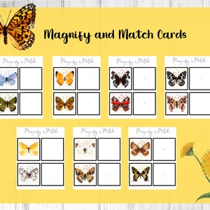 May include: A set of eight printable butterfly matching cards. Each card features a different butterfly with a white background and the text "Magnify & Match".