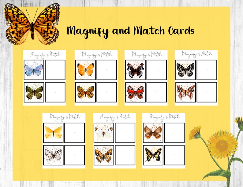 May include: A set of eight printable butterfly matching cards. Each card features a different butterfly with a white background and the text "Magnify & Match".