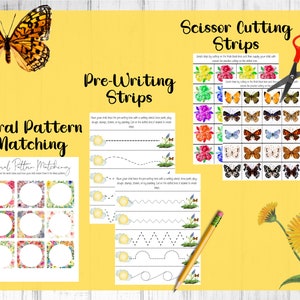 May include: A set of printable educational worksheets for preschoolers featuring floral patterns, butterflies, and pre-writing exercises. The worksheets include a floral pattern matching activity, scissor cutting strips with butterflies and flowers, and pre-writing strips with dotted lines for tracing.