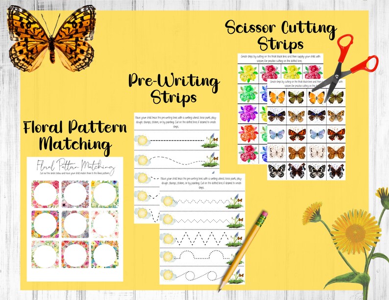 May include: A set of printable educational worksheets for preschoolers featuring floral patterns, butterflies, and pre-writing exercises. The worksheets include a floral pattern matching activity, scissor cutting strips with butterflies and flowers, and pre-writing strips with dotted lines for tracing.