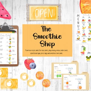 Smoothie Pretned Play Shop, Loose Parts Recipe Cards, Loose Parts Play, Pretend Play Printables, Dramtic Play Center