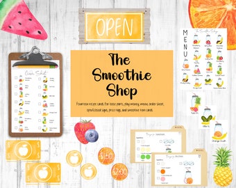 Smoothie Pretned Play Shop, Loose Parts Recipe Cards, Loose Parts Play, Pretend Play Printables, Dramtic Play Center