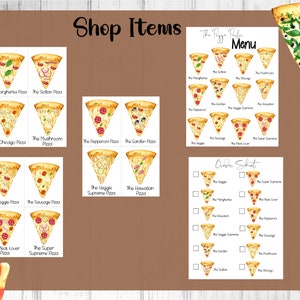 May include: A printable pizza menu and order sheet with watercolor illustrations of different pizza toppings. The menu includes The Margherita Pizza, The Sicilian Pizza, The Chicago Pizza, The Mushroom Pizza, The Pepperoni Pizza, The Garden Pizza, The Veggie Supreme Pizza, The Hawaiian Pizza, The Veggie Pizza, The Sausage Pizza, The Meat Lover Pizza, and The Super Supreme Pizza. The order sheet has checkboxes next to each pizza type.