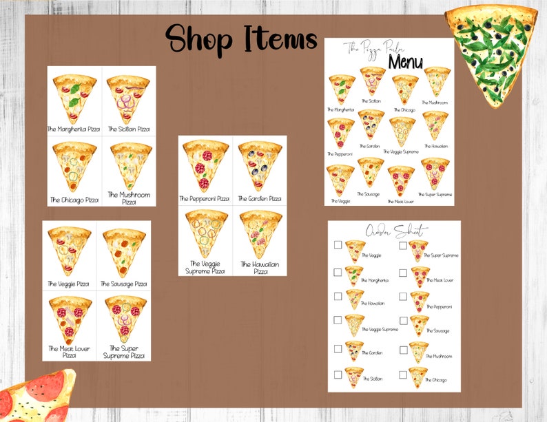 May include: A printable pizza menu and order sheet with watercolor illustrations of different pizza toppings. The menu includes The Margherita Pizza, The Sicilian Pizza, The Chicago Pizza, The Mushroom Pizza, The Pepperoni Pizza, The Garden Pizza, The Veggie Supreme Pizza, The Hawaiian Pizza, The Veggie Pizza, The Sausage Pizza, The Meat Lover Pizza, and The Super Supreme Pizza. The order sheet has checkboxes next to each pizza type.