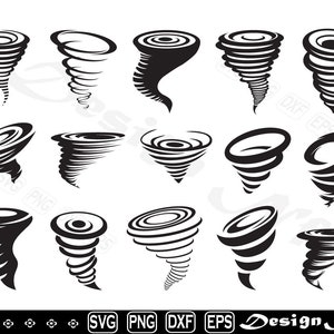 Puede incluir: Un conjunto de 16 ilustraciones de tornados en blanco y negro. Los tornados se representan en varios estilos, incluyendo en espiral, en espiral y en forma de embudo.