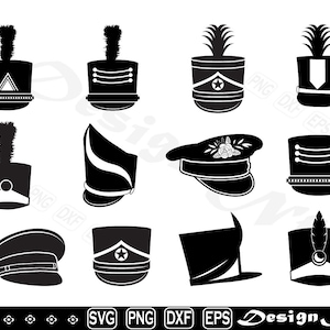 以下が含まれることがあります： 10種類の異なる帽子を黒と白のシルエットで描いた画像のセット。帽子には、マーチングバンドの帽子、軍隊風の帽子、シルクハットなどがあります。