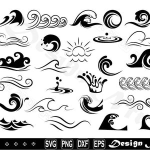 Puede incluir: Una colección de diseños de olas negras en varios estilos. La imagen incluye olas estilizadas, rizos y salpicaduras, junto con un gráfico de sol. La parte inferior de la imagen muestra opciones de formato de archivo: SVG, PNG, DXF y EPS.