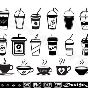 May include: A set of 16 black and white illustrations of coffee cups and mugs. The illustrations include various styles of coffee cups, including to-go cups, iced coffee cups, and mugs. The text "Coffee" appears on some of the cups.