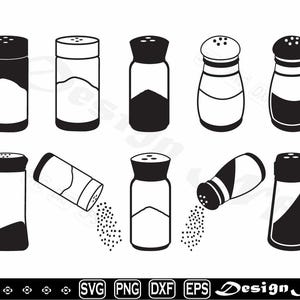 May include: A collection of black and white salt and pepper shakers in various shapes and sizes. Some shakers are upright, while others are tilted, with salt or pepper granules spilling out. The image includes SVG, PNG, DXF, and EPS file type icons.