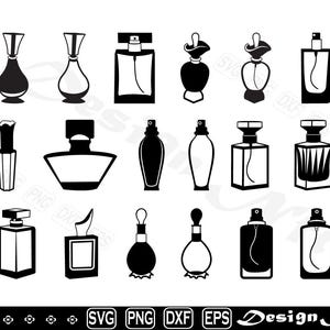 May include: A set of 16 black and white silhouette illustrations of perfume bottles. The bottles are in various shapes and sizes, with some having a spray nozzle and others having a stopper.