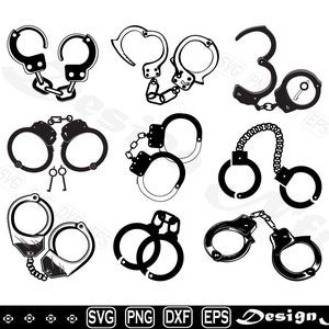 May include: A set of nine black and white illustrations of handcuffs. The handcuffs are shown in various positions and styles, including open, closed, and with keys.